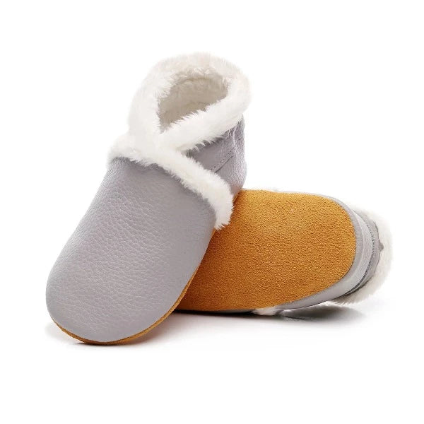 Chaussons en cuir pour bébé hiver coloris gris