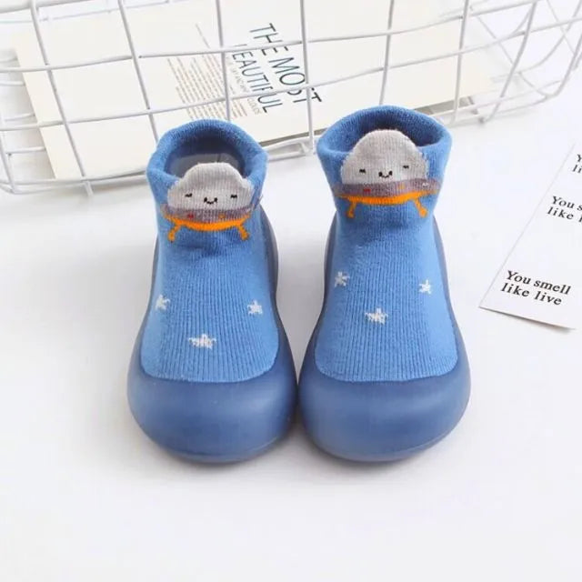 Chaussons-chaussettes bébé antidérapants semelle souple coloris bleu