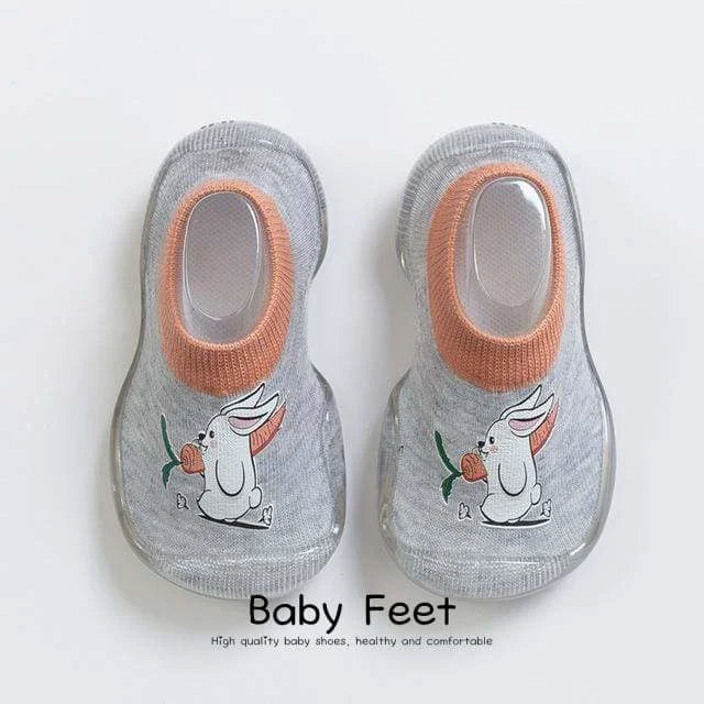 Chaussons chaussettes antidérapant pour bébé coloris gris motif lapin