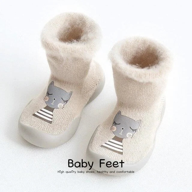 Chaussons chaussettes Hiver pour bébé avec semelle antidérapante motif chat coloris beige