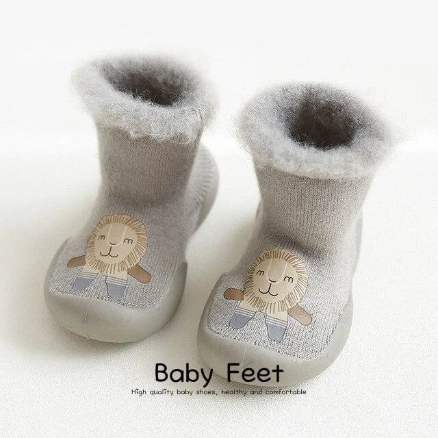 Chaussons chaussettes Hiver pour bébé avec semelle antidérapante motif lion coloris gris