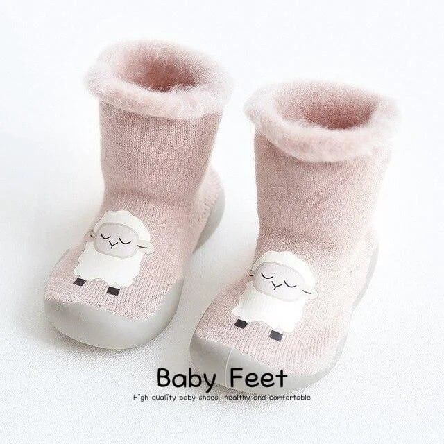 Chaussons chaussettes Hiver pour bébé avec semelle antidérapante motif chat mouton coloris rose