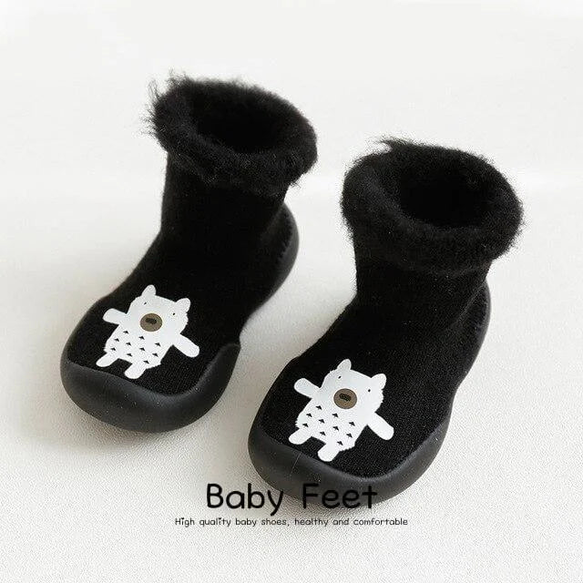 Chaussons chaussettes Hiver pour bébé avec semelle antidérapante motif ours blanc coloris noir