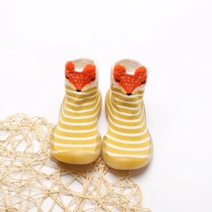 Chaussons chaussettes bébé antidérapant coloris jaune à rayures motifs renard